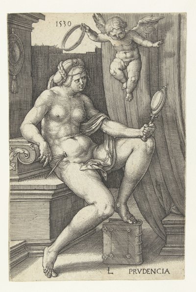 Varoitus Prudencia (otsikko esineessä) Seitsemän hyvettä (sarjan nimi) tekijältä Lucas van Leyden