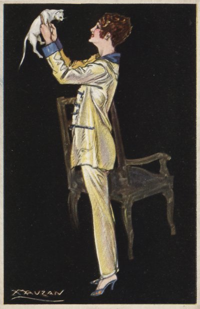 Tyttö pyjamassa pitelee valkoista kissaa (väri litho) tekijältä Luciano Achille Mauzan
