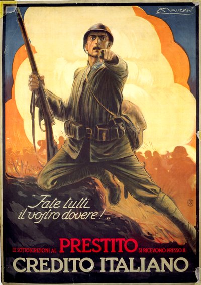 Cartaz italiano de propaganda da Primeira Guerra Mundial anunciando títulos de guerra finlandeses tekijältä Luciano Achille Mauzan