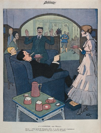 Kodin edessä, kuvitus teoksesta "La Baionnette", 2. syyskuuta 1915 (värilitho) tekijältä Lucien Henri Weiluc