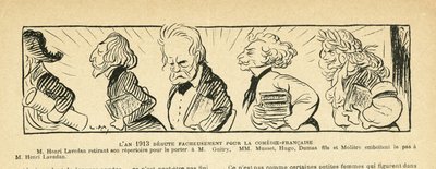 Kuvitus Le Riressa, 01.4.13 - vuosi 1913... - Teatteri, Comedie francaise - Hugo Victor, Dumas Alexandre (poika), Lavedan Henri (1859-1940), Guitry Sacha, Musset Alfred, Moliere (kaiverrus) tekijältä Lucien Metivet