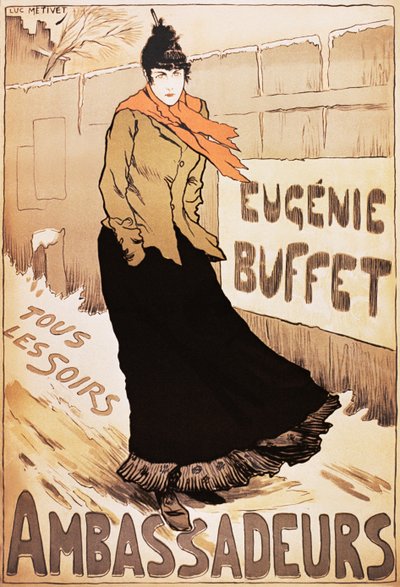 Vintage-juliste ranskalaisesta laulajasta Eugenie Buffetista kävelemässä lumessa tekijältä Lucien Metivet