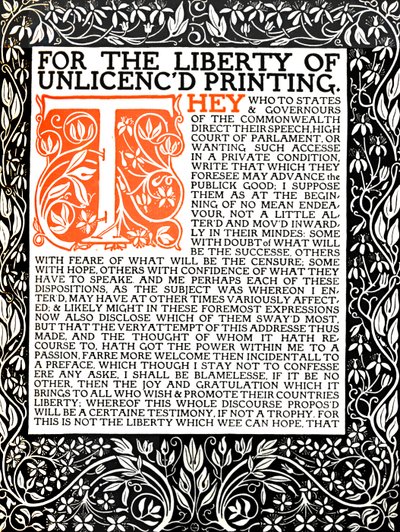 Eragny Press: Areopagitican avaussivu, n. 1895-1914. tekijältä Lucien Pissaro