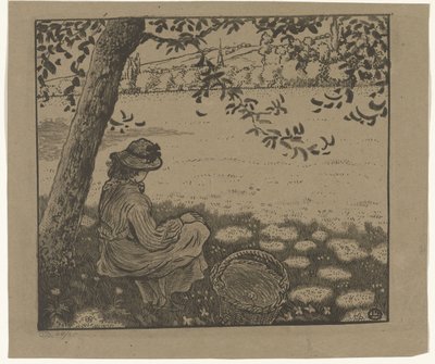 Tyttö puun alla niityllä tekijältä Lucien Pissarro