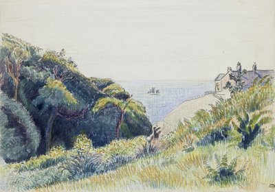 The Coastguards House, Ecclesbourne, 1918 (kynä ja harmaa muste ja värilliset värikynät teksturoidulla paperilla) tekijältä Lucien Pissarro