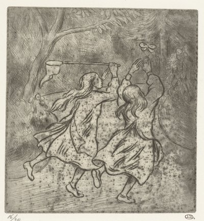 Kaksi tyttöä nappaamassa perhosia tekijältä Lucien Pissarro