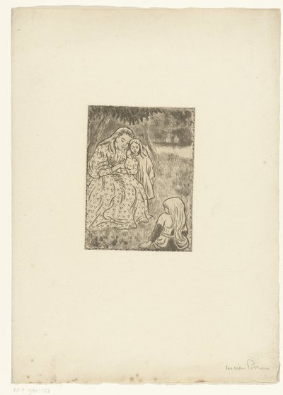Nainen kahden tytön kanssa niityllä tekijältä Lucien Pissarro