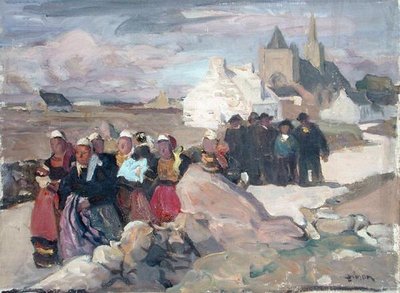 Bretonilaiset miehet ja naiset, n. 1909 (öljy kankaalle) tekijältä Lucien Simon