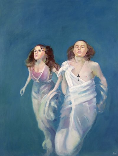Poika ja tyttö kellumassa, 2004 (öljy kankaalle) tekijältä Lucinda Arundell