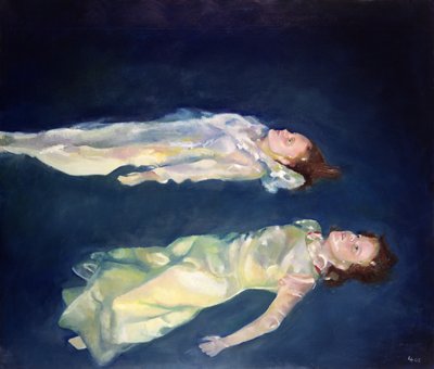 Kaksi tyttöä kellumassa, 2004 (öljy laudalle) tekijältä Lucinda Arundell