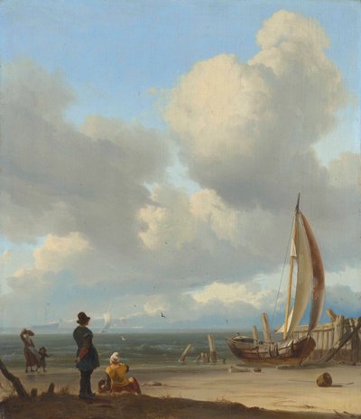 Hollanti: Zeegezicht met figuren bij een vissersboot op het strand Laaja merimaisema, jossa on hahmoja veneen äärellä rannalla Huisduinenin lähellä. tekijältä Ludolf Bakhuizen