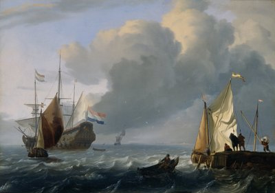 Hollantilainen fregatti ja muita aluksia rannikon edustalla, noin 1690 (öljy tammipaneelille). tekijältä Ludolf Bakhuizen
