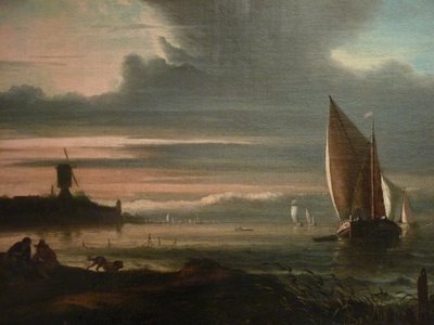 Saksa: Merenranta purjeveneineen ja tuulimyllyineen "Het Blauwhoofd" Amsterdamissa.
 yksityiskohta tekijältä Ludolf Bakhuizen