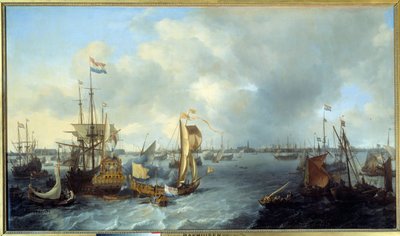 Näkymä Amsterdamin satamaan Ludolf Backhuyzenin (1631-1708) Ij-maalauksesta 1666 su. 1,28x2,21 m tekijältä Ludolf I Backhuyzen