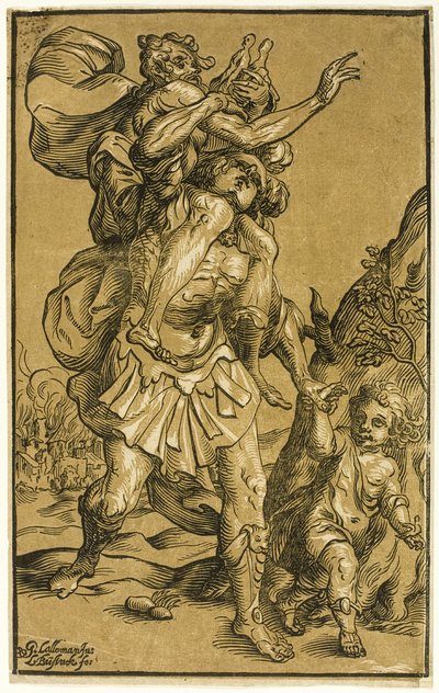 Aeneas kantamassa isäänsä, Anchises tekijältä Ludolph Büsinck