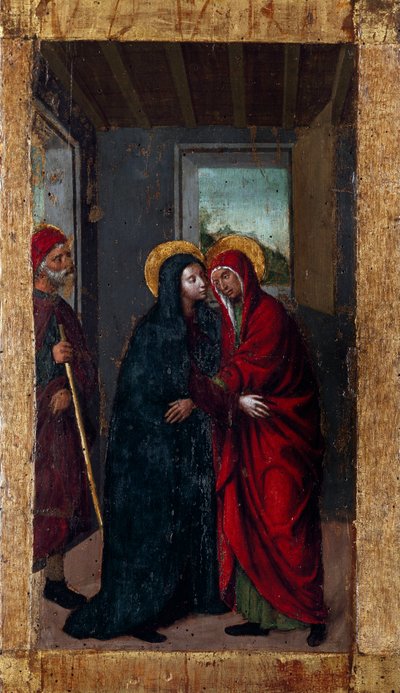 Neitsyen elämä: "" Vierailu"" Sarja "" Ruusukon mysteerit"" Ludovico Brean (Louis Brea) maalaus puulle (1450-1523) 1512-1513 Taggia, Museo del Convento di San Domenico Italia tekijältä Ludovico Brea