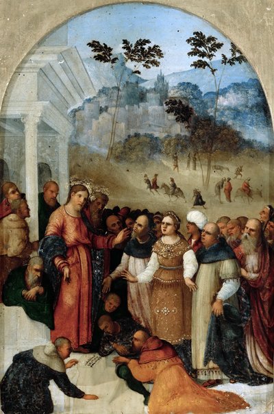 Kristus ja aviorikoksesta vangittu nainen, n. 1527. tekijältä Ludovico Mazzolino