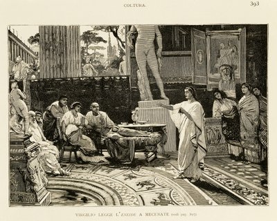 Maecenas kuuntelee Vergiliusa lukemassa Aeneisia, kuvitus Lodovico Pogliaghi (1857-1950) Rooman varhaishistoriaan, Francesco Bertolini (1836-1909), Fratelli Treves -painos, Milano tekijältä Ludovico Pogliaghi