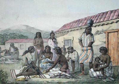 Peli, jota pelaavat Kalifornian alkuasukkaat, "Voyage Pittoresque Autour du Mondesta", kaiverrettu Jean Pierre Norblin (1745-1830), julkaistu 1822 (väri litho) tekijältä Ludwig Choris