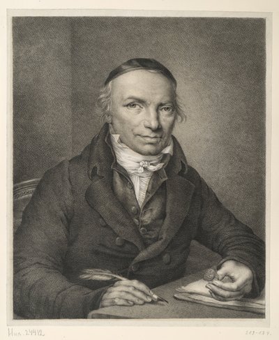 Johann Joachim Bellermann, puolivartalokuva pöydän ääressä, sinettisormus kädessään tekijältä Ludwig Buchhorn