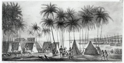 Hanarouroun satama Sandwichsaarilla, teoksesta Voyage Pittoresque around the World, kaiverrus G. Langlume (fl.1822-40) 1822 tekijältä Ludwig Choris