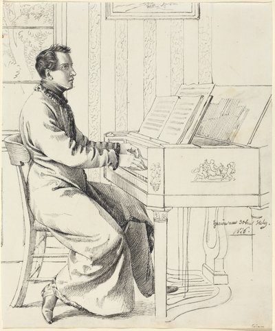 Taiteilijan lanko Ludwig Hassenpflug valmistautumassa soittamaan pianoa tekijältä Ludwig Emil Grimm