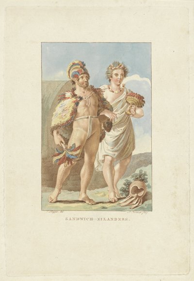 Sandwichsaarten (Hawaii) asukkaat Sandwichsaaret (otsikko esineessä) tekijältä Ludwig Gottlieb Portman