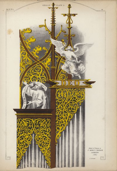 Yksityiskohta uruista Pyhän Marian kirkossa Lyypekki, Saksa (väri litho) tekijältä Ludwig Gruner