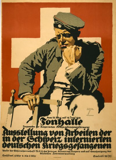 Tonhalle ... Sveitsiin internoitujen saksalaisten sotavankien näyttely, pub. Vuonna 1918 (väri litho) tekijältä Ludwig Hohlwein