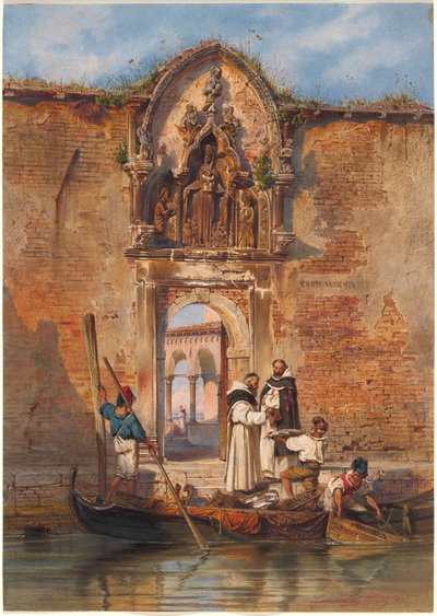 Munkit ostavat kalaa ennen Madonna della Misericordian portaalia tekijältä Ludwig Johann Passini