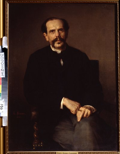 ""Miehen muotokuva"" Hän on pukeutunut mustaan ​​pukuun, sormessaan ritari. Ludwig Knausin (1829-1910) maalaus Ivan Kramskoy (tai Kramskoi) Kuvataidemuseo Voronezhissa (Voronezh), Venäjä. tekijältä Ludwig Knaus