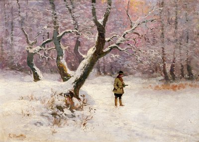 Talvimaisema metsästäjien kanssa (öljy kankaalle) tekijältä Ludwig Munthe