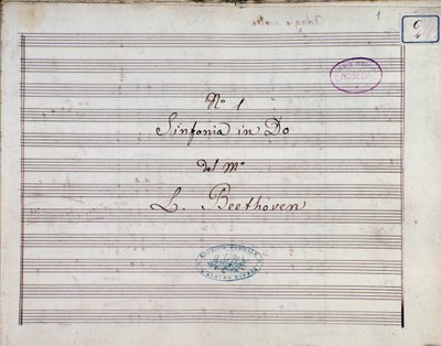 Ludwig van Beethovenin Sinfonia nro 1 ja C-duuri opus 21 nuottien ensimmäinen sivu tekijältä Ludwig van Beethoven