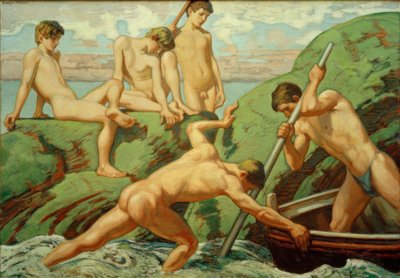 Alastomia venemiehiä (kalastajaa) ja poikia vihreällä rannalla tekijältä Ludwig von Hofmann