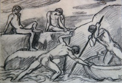 Alaston venemies ja nuoret vihreällä rannalla (grafiitti paperille) tekijältä Ludwig von Hofmann