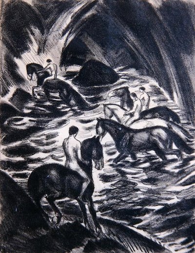 Nuorten ratsastus (litho) tekijältä Ludwig von Hofmann