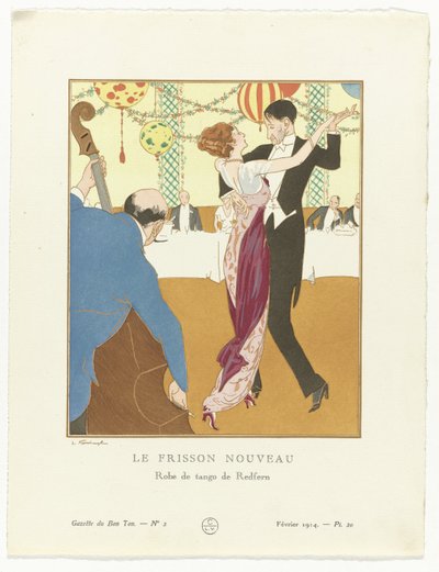 Gazette du Bon Ton. Taide – Modes & Frivolités: Iltapuku Redfernin uusi Thrill: Tango Dress (otsikko esineessä) tekijältä Ludwik Strimpl