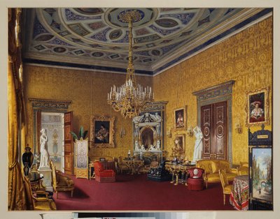 Tsarkoye Selon (Venäjä) suuren palatsin Lyons Hall (keltainen piirustussali). Luigi Premazzin (1814-1891) teos, akvarelli paperille tekijältä Luigi Premazzi