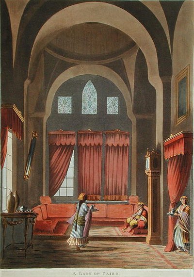 A Lady of Cairo, teoksesta "Näkymät Egyptissä, alkuperäisistä piirustuksista Sir Robert Ainslien hallussa", julkaistu 1802 (värilitho) tekijältä Luigi (after) Mayer