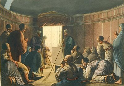 Sisäänkäynti Pyhän haudan kappeliin, "Näkymät Palestiinassa", painettu Lontoo 1804 (värilitho) tekijältä Luigi (after) Mayer