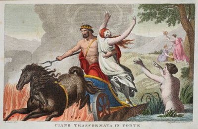Cyane ja Proserpinan raiskaus eli Ciane Transformata Fontessa, kirja V, kuvitus Ovidiuksen teoksesta Metamorphoses, Firenze, 1832 (käsin väritetty kaiverrus). tekijältä Luigi Ademollo