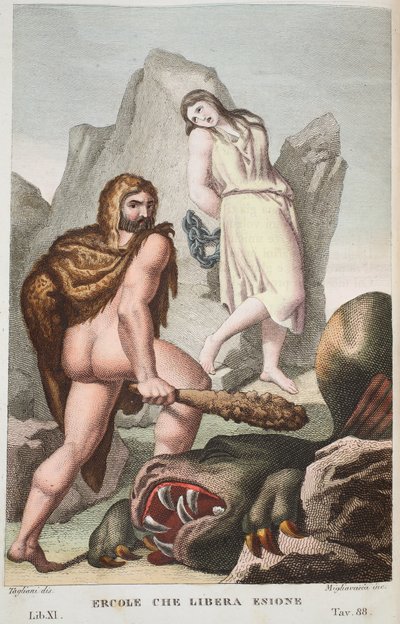 Hercules pelastaa Hesionen tai Ercole che Libera Enionen, Kirja XI, kuvitus Ovidiuksen muodonmuutoksista, Firenze, 1832 (käsinvärinen kaiverrus) tekijältä Luigi Ademollo