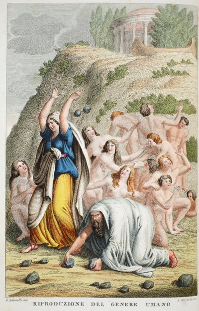 Ihmisrodun palauttaminen eli Riproduzione del Genere Umano, kirja I, kuvitus Ovidiuksen muodonmuutosteoksesta, Firenze, 1832 (käsinvärinen kaiverrus) tekijältä Luigi Ademollo
