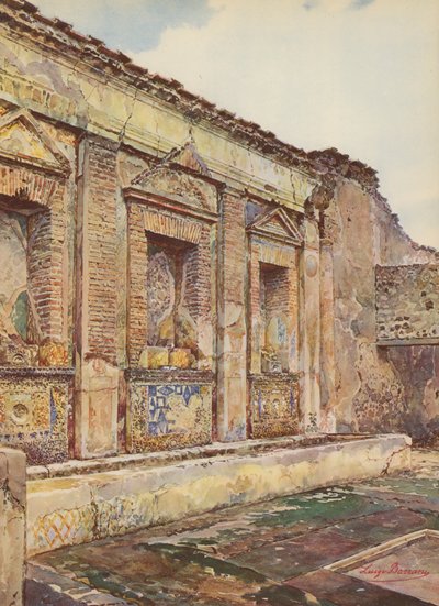Pompeji: Casa del Torello, arkkitehtoninen näkymä Nymphaeumiin (värilitro). tekijältä Luigi Bazzani
