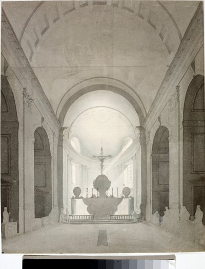 Kirkon sisäkuva (piirustus ja akvarelli, n. 1825) tekijältä Luigi Garibbo
