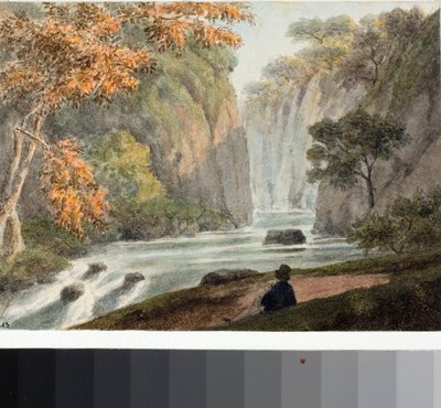 Maisema joen ja vesiputouksen kanssa (akvarelli, n. 1825) tekijältä Luigi Garibbo