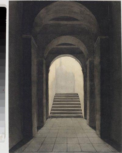 Genovassa sijaitsevan kapusiiniluosterin käytävän näkökulma (akvarelli, n. 1825) tekijältä Luigi Garibbo