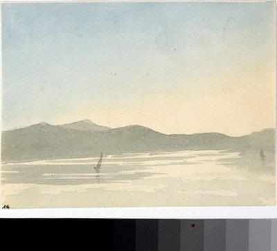 Näkymä järvelle aamunkoitteessa (akvarelli, n. 1825) tekijältä Luigi Garibbo
