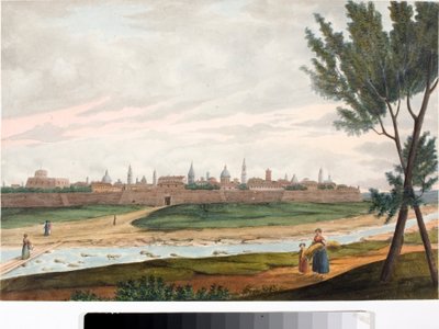 Näkymä muurien ympäröimään kaupunkiin, luultavasti Luccaan Toscanassa (muste ja akvarelli, n. 1820) tekijältä Luigi Garibbo