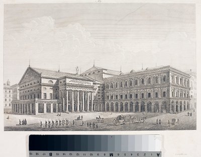 Näkymä Carlo Felice -teatterille ja Genovan Accademian palatsille (etsaus tekijältä Luigi Garibbo